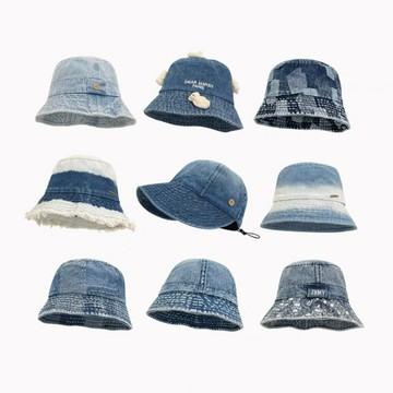 戶外出游淺藍漁夫帽春秋夏季牛仔帽子女百搭藍色遮陽帽水桶帽盆帽