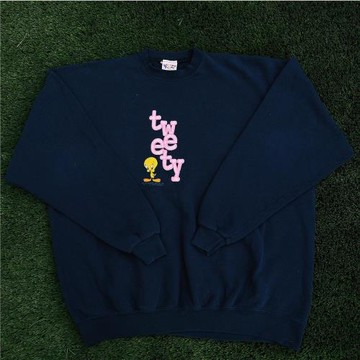 設計感卡通圖案趣味印花藏藍色圓領衛衣重磅休閑原宿BF風男女同款