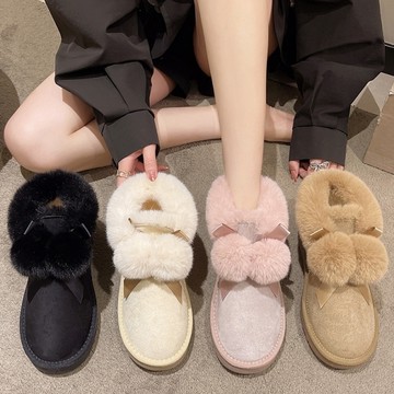 雪靴．日系甜美絨面蝴蝶結毛毛厚底短靴．白鳥麗子