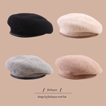 日系高級羊毛溫柔色系網紅同款pu皮邊貝雷帽女秋冬季保暖畫家帽潮