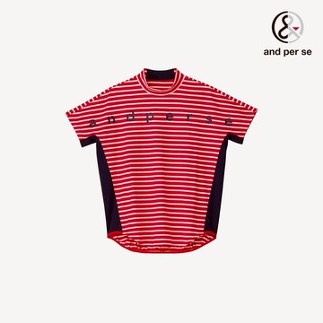 【and per se】女款紅色吸濕速乾UV防護素材清爽橫條紋立體剪裁立領短袖棉衫 DLT205X6