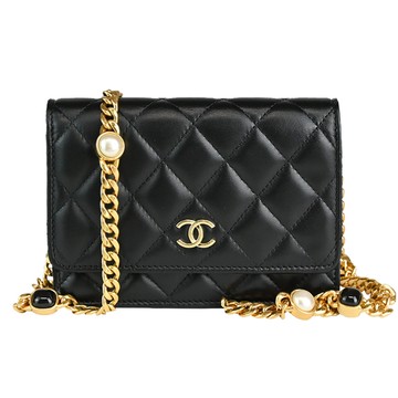 CHANEL經典雙C LOGO菱格紋小羊皮寶石綴飾鍊帶斜背包（黑色） _廠商直送