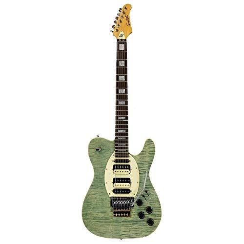 GoDpsMusic String Sawtooth ET Hybrid Electric Guitar with Floyd Rose, Flame Maple Grass Stained Blue Jean, with ChromaCast Pro Series Gig Bag,