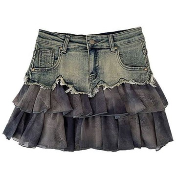 【減齡百搭】拼接牛仔半身裙女 2024年新款 洋氣時髦 高腰顯瘦 A字短裙 潮 半身裙 短裙 高腰短裙