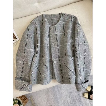 歐貨灰色格紋外套女2025春秋新款高級法式復古羊毛毛呢小香風上衣