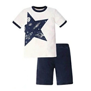 日本 Ho-ho kids - 100%棉 舒適短袖睡衣/家居服-星星-白x深藍