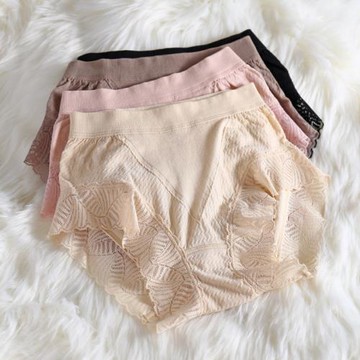 女士無縫中腰舒適莫代爾蕾絲腳口彈力貼身娟絲底檔包臀三角內褲薄