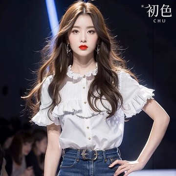 初色 純色條紋拼接休閒百搭荷葉邊短袖襯衫上衣女上衣-白色-36514(M-XL可選)