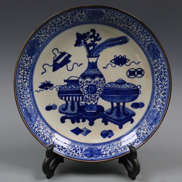 清康熙青花博古紋盤手繪仿古工藝瓷器家居博古裝飾擺件古董古玩1入