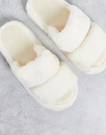 ASOS DESIGN Zion double strap slider slippers in cream-White