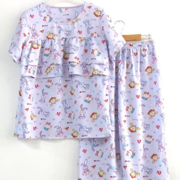 防走光套裝好棉綢雙層荷葉邊防凸點睡衣睡褲人造棉綿綢家居服女夏