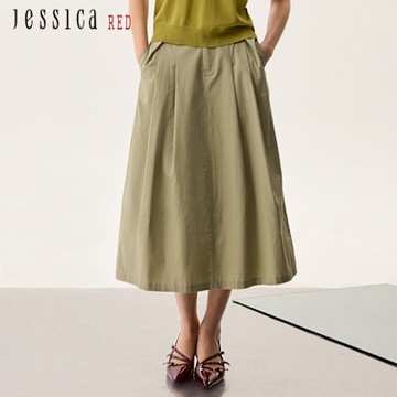 JESSICA RED - 休閒寬鬆百搭棉質皺褶長裙R52104（綠）
