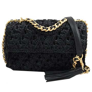 TORY BURCH 135689 FLEMING 草編拼皮翻蓋肩斜背包.黑