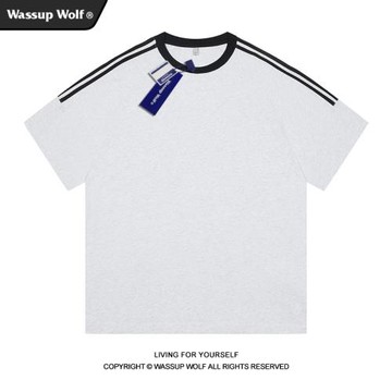 Wassup Wolf三條杠重磅純棉短袖男女運動T恤美式休閑情侶寬松上衣