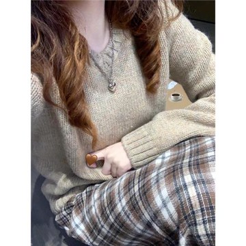 Brandy girl bm秋冬新款美式復古V領短款套頭毛衣棕色針織衫上衣