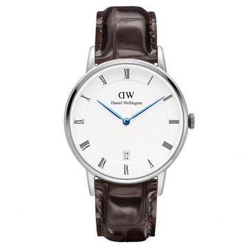DW Daniel Wellington Dapper時尚深啡鱷魚紋皮革腕錶-銀框/34mm(1142DW)