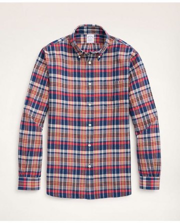 Brooks Brothers Men's Regent Regular-Fit Sport Shirt, Madras | Coral | Size XS