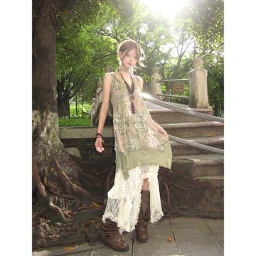 vintage古著裙女古早裙子綠色復古廢土風連衣裙西北云南中古