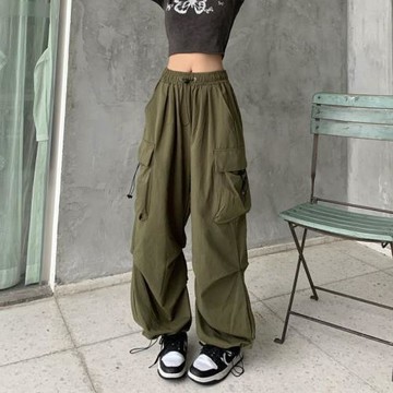 夏季美式復古工裝休閑褲女百搭直筒垂感寬松闊腿褲子ins束腳長褲
