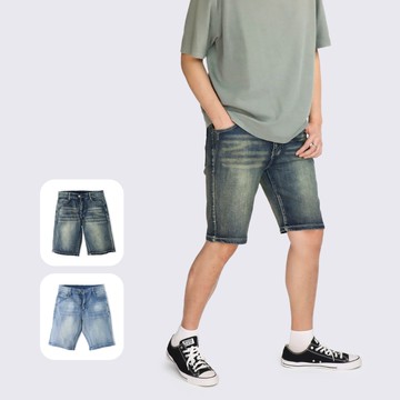 石洗重刷色牛仔短褲－復古深藍