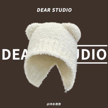 日系可愛泰迪毛小熊耳朵毛線帽子女冬季保暖護耳大頭圍針織冷帽潮