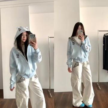 初系🚚現+貨【刷毛連帽外套】美式帽T 復古小惡魔豹紋外套 拼接耳朵連帽衛衣 春秋季拉鍊外套