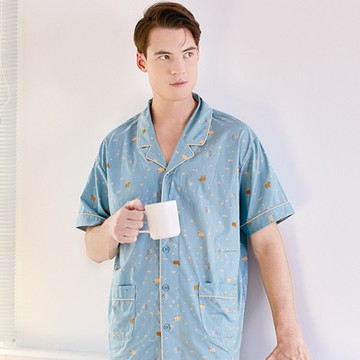 華歌爾睡衣-家居系列 M-LL男士國民領純棉印花褲裝(松石綠) LWZ74531HH