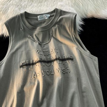 vintage美式重磅無袖t恤男夏季潮牌歐美高街短袖設計感鏈條背心男