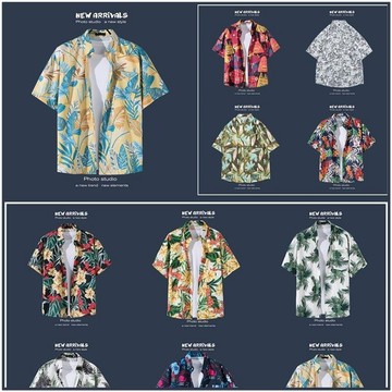 YLIE 花襯衫 開衫襯衫 男生夏威夷短袖襯衫 名族風沙灘度假風襯衫 短袖襯衫 五分袖襯衫 男生上衣 寬鬆花襯衫 襯衫