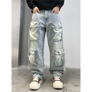 美式高街重工水洗多口袋工裝牛仔褲男寬松直筒闊腿休閑百搭長褲子