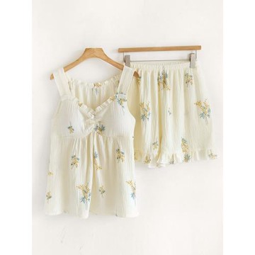 帶胸墊吊帶睡衣女夏天純棉紗布薄款甜美背心短褲防凸點家居服套裝