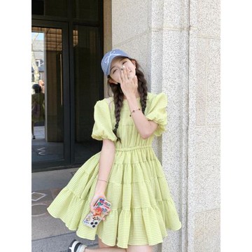 黃色泡泡袖a字娃娃裙小個子在逃公主裙夏季新款溫柔甜美連衣裙女