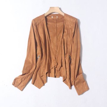 E67-2秋季女裝外面純色麂皮絨不規則開衫修身長袖披肩薄款短外套