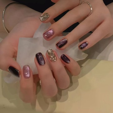 💖台灣出貨💖新款紫金手工高級亮片純手工美甲穿戴顯白氣質短款紫色貓眼貼片