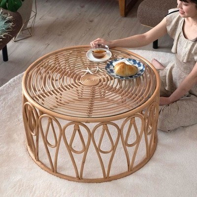 籐 テーブル ラタン レトロ  円形 ガラス センターテーブル お洒落 楽天市場】ラタン テーブル ガラス 天板 ローテーブル 丸型