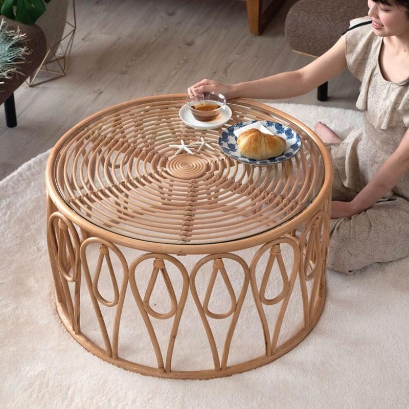 ローテーブル　ラタン・ガラス天板・円形・籐家具 ラタン テーブル ガラス 天板 ローテーブル 丸型 センター