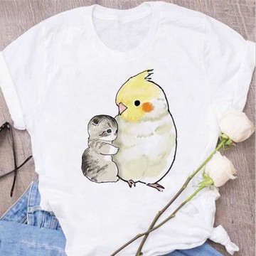 Cartoon cat parrot T-shirt夏季時尚可愛卡通鸚鵡懶貓短袖T恤女