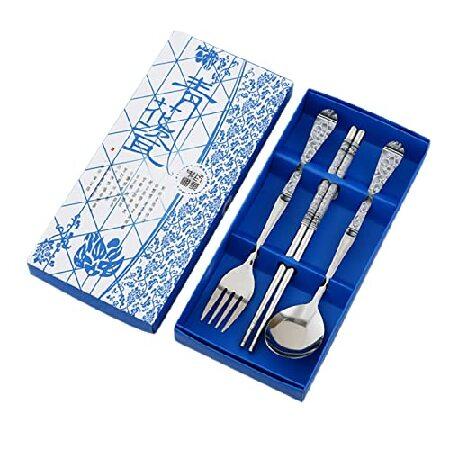 Portable Cutlery Set Reusable Travel Utensils, Stainless Steel Flatware Set, Camping Silverware with Case,3 Pcs blue and white porcelain Stainless Ste