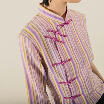 【NaSuBi Vintage】粉彩條紋印花中式風格古著襯衫