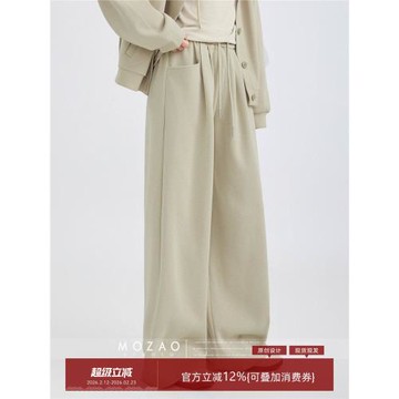 「摩造」杏色簡約松緊腰運動休閑褲女2025秋季新款寬松闊腿直筒褲