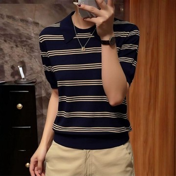 顯瘦大尺碼針織上衣 Polo領撞色條紋短袖T恤 美式氣質 夏季女裝 寬鬆遮肉 微胖女孩穿搭 韓系大碼女裝