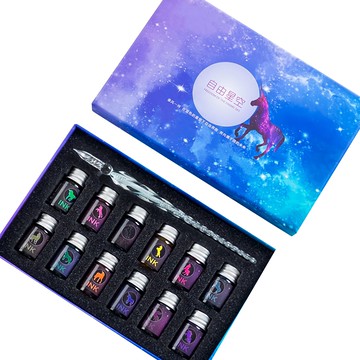 水晶玻璃沾水筆 + 12色墨水 書寫工具禮盒組  多色