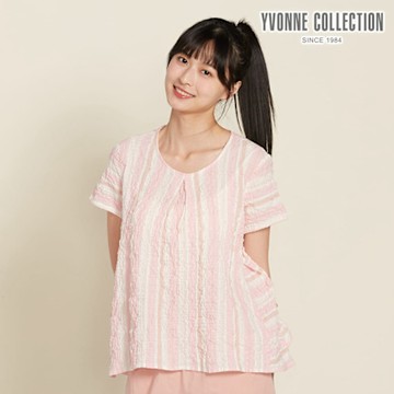 YVONNE 以旺傢飾 皺皺條剪接短袖上衣-貝殼粉
