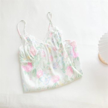 香草薄荷~貢緞棉綢吊帶睡裙女夏款純欲露背性感碎花夏季睡衣女