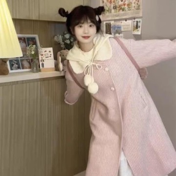 日系甜美粉色娃娃領含羊毛呢子大衣女2025秋冬中長款加厚毛呢外套
