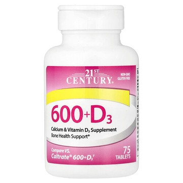 21st Century, 600 + 維生素 D3，鈣和維生素 D3 補充劑，75 片