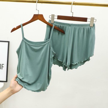 春夏季莫代爾吊帶女寬松大碼睡衣套裝薄款花邊短褲背心家居兩件套