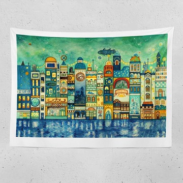 童話星空夜の街小清新水彩藝術掛布臥室床頭背景布宿舍布置裝飾布