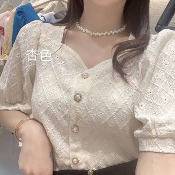 方領蕾絲上衣 小衫 襯衣 襯衫 打底衫 夏季新款蕾絲衫打底方領小衫時尚提花襯衫百搭寬鬆顯瘦衣服 平價韓系女裝