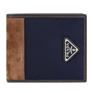 PRADA 2MO513 金屬三角LOGO尼龍麂皮對折8卡短夾.深藍/棕